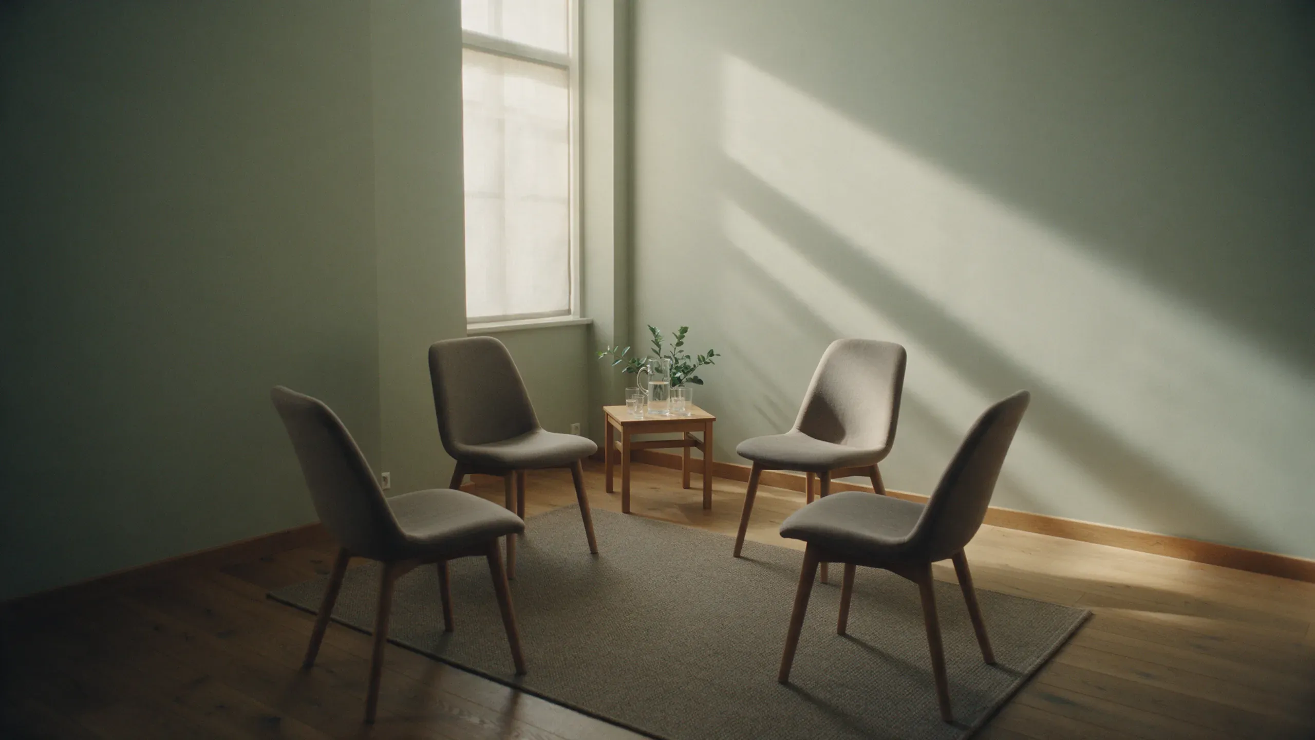 Cuatro sillas formando un círculo alrededor de una mesa baja junto a una ventana, en una sala de consulta vacía.