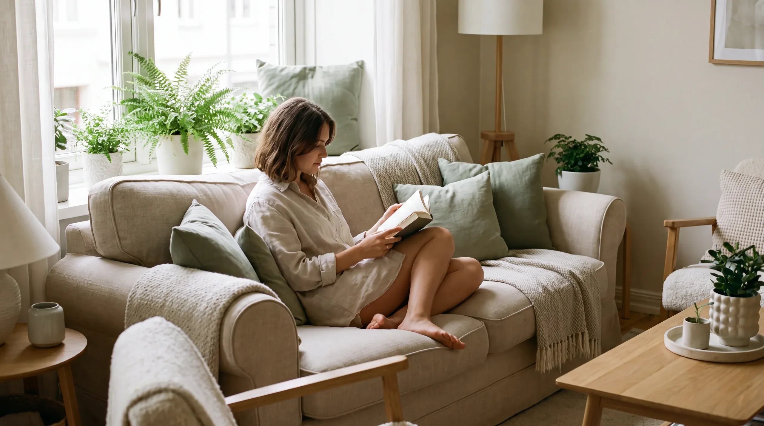 Una persona lee tranquila en una habitación luminosa y ordenada, con plantas.