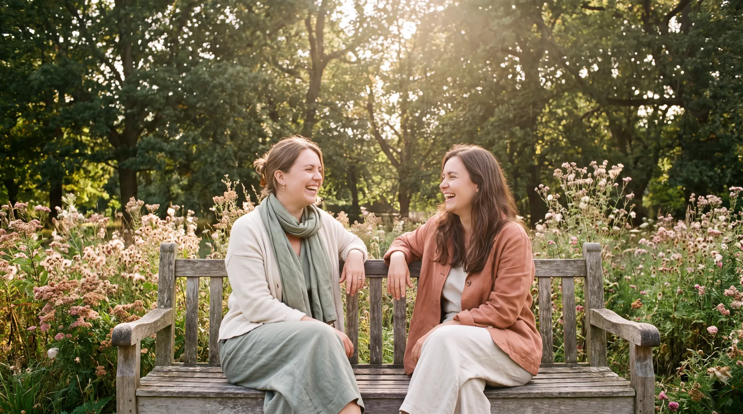 Dos amigas conversan sentadas en un banco de un parque soleado, entre flores.