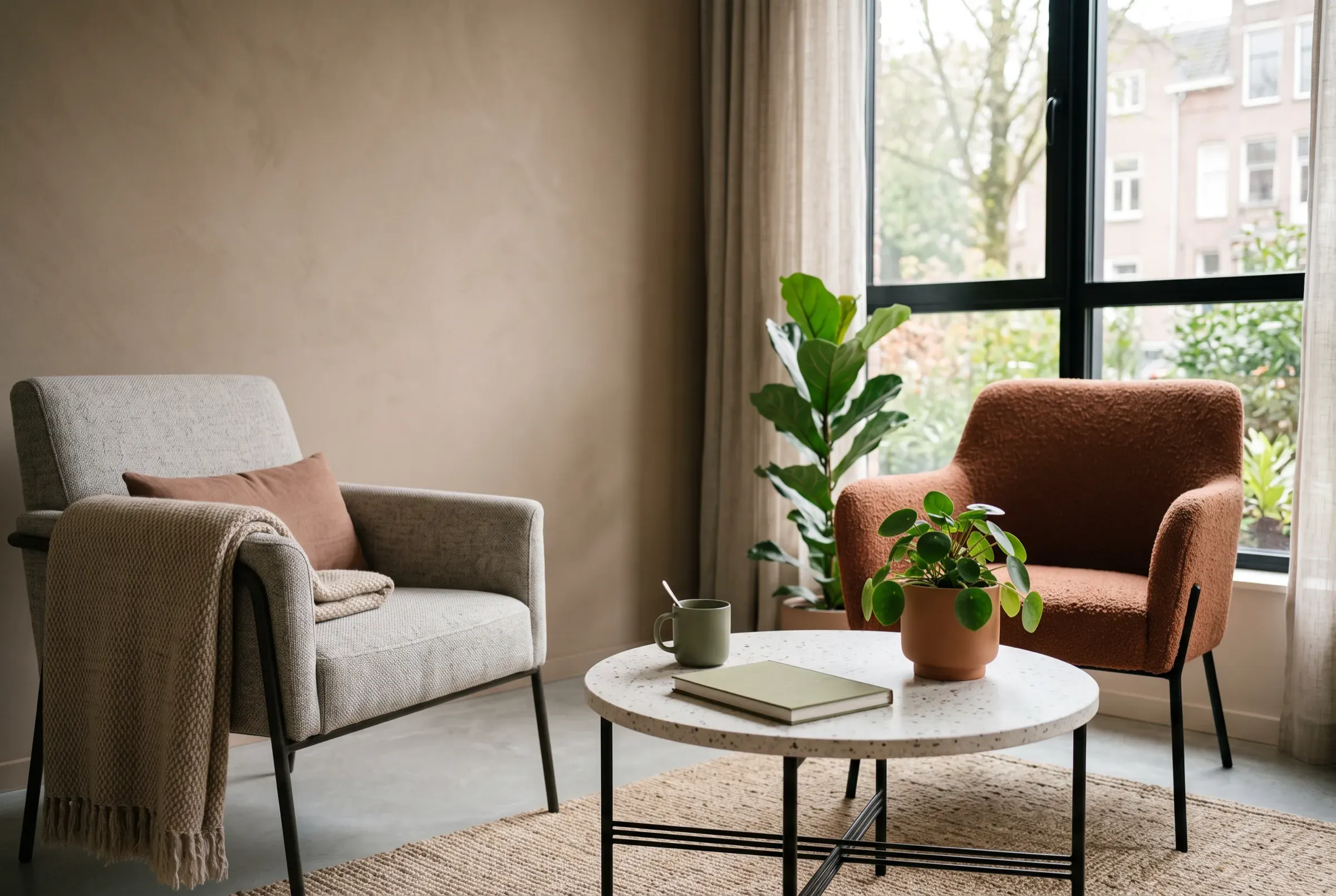 Dos butacas contemporáneas junto a una ventana con luz natural, con una mesa baja, una libreta y una planta.