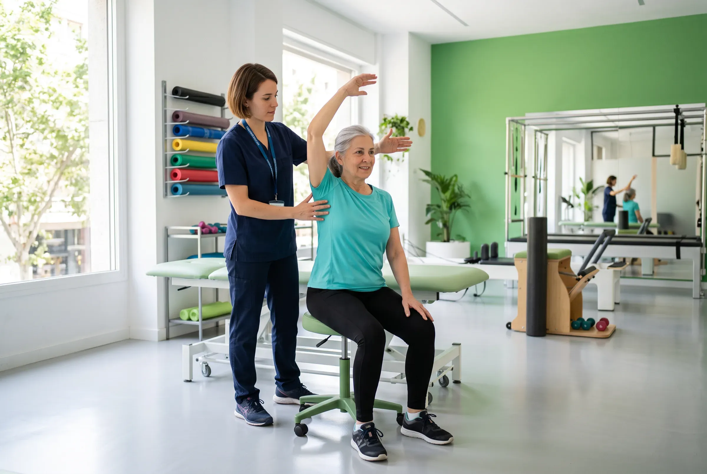 Una profesional de fisioterapia acompaña a una persona en un ejercicio de rehabilitación.