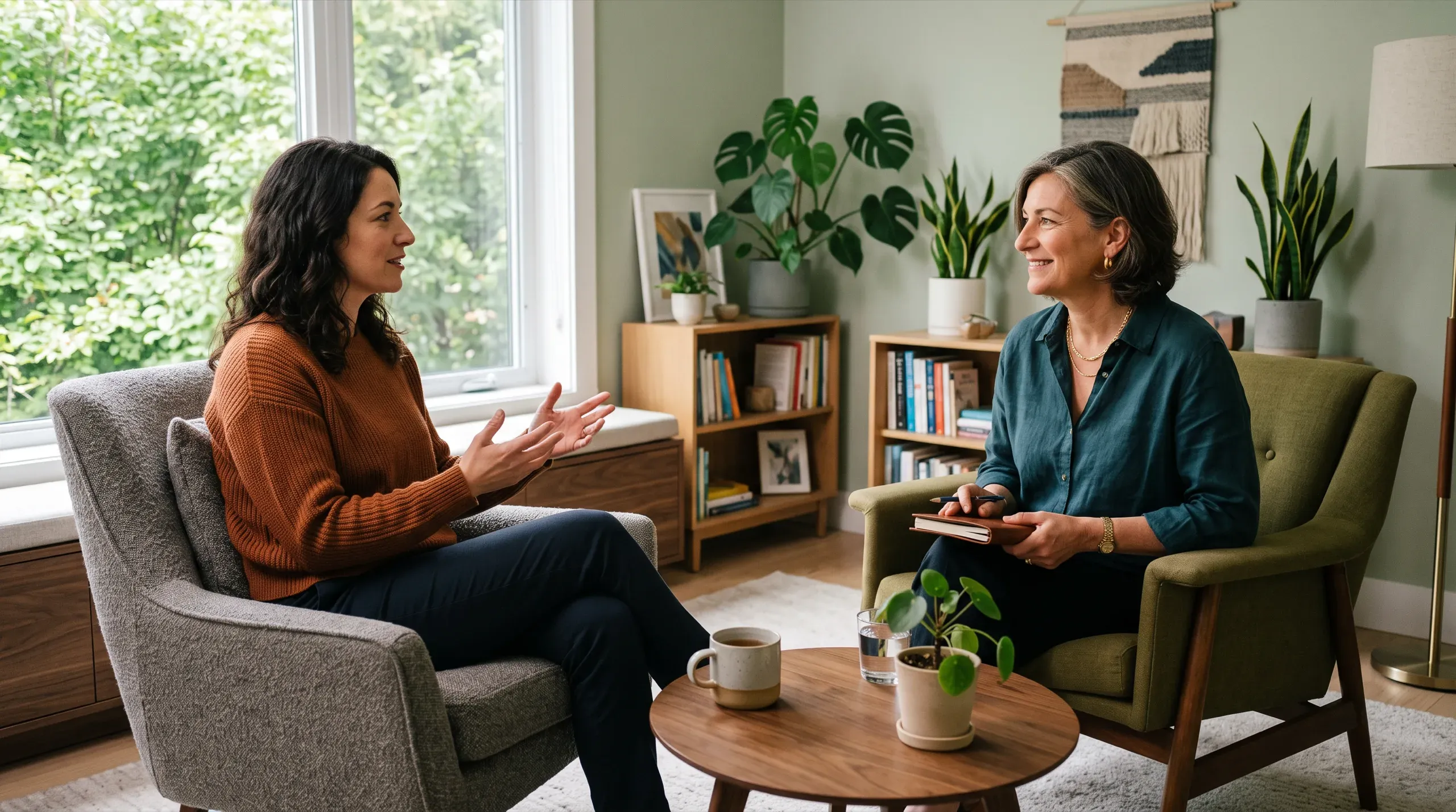 Dos mujeres conversan con calma en una consulta luminosa, junto a una ventana con plantas.