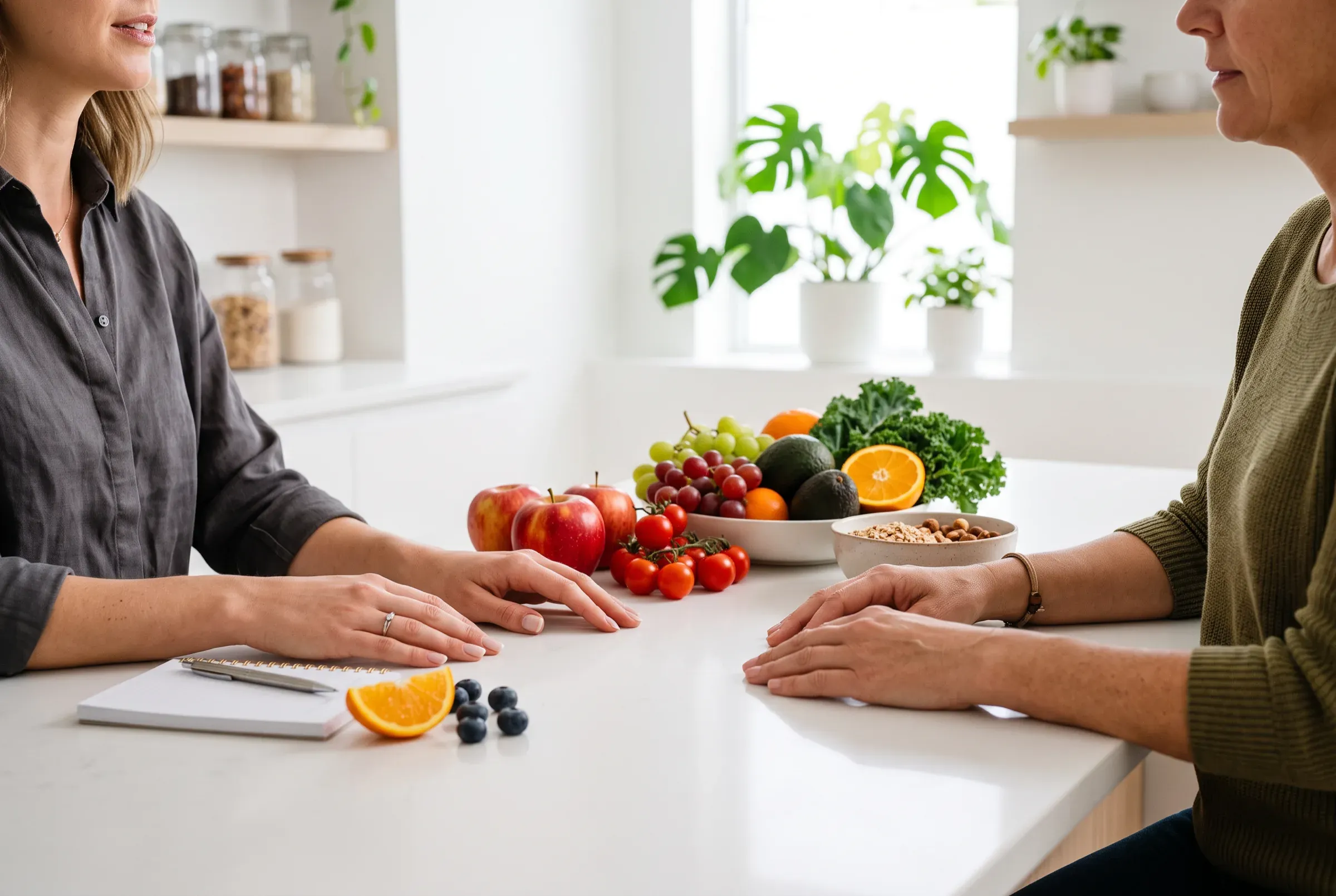 Manos de una profesional de la nutrición y de otra persona sobre una mesa con fruta y verdura fresca.
